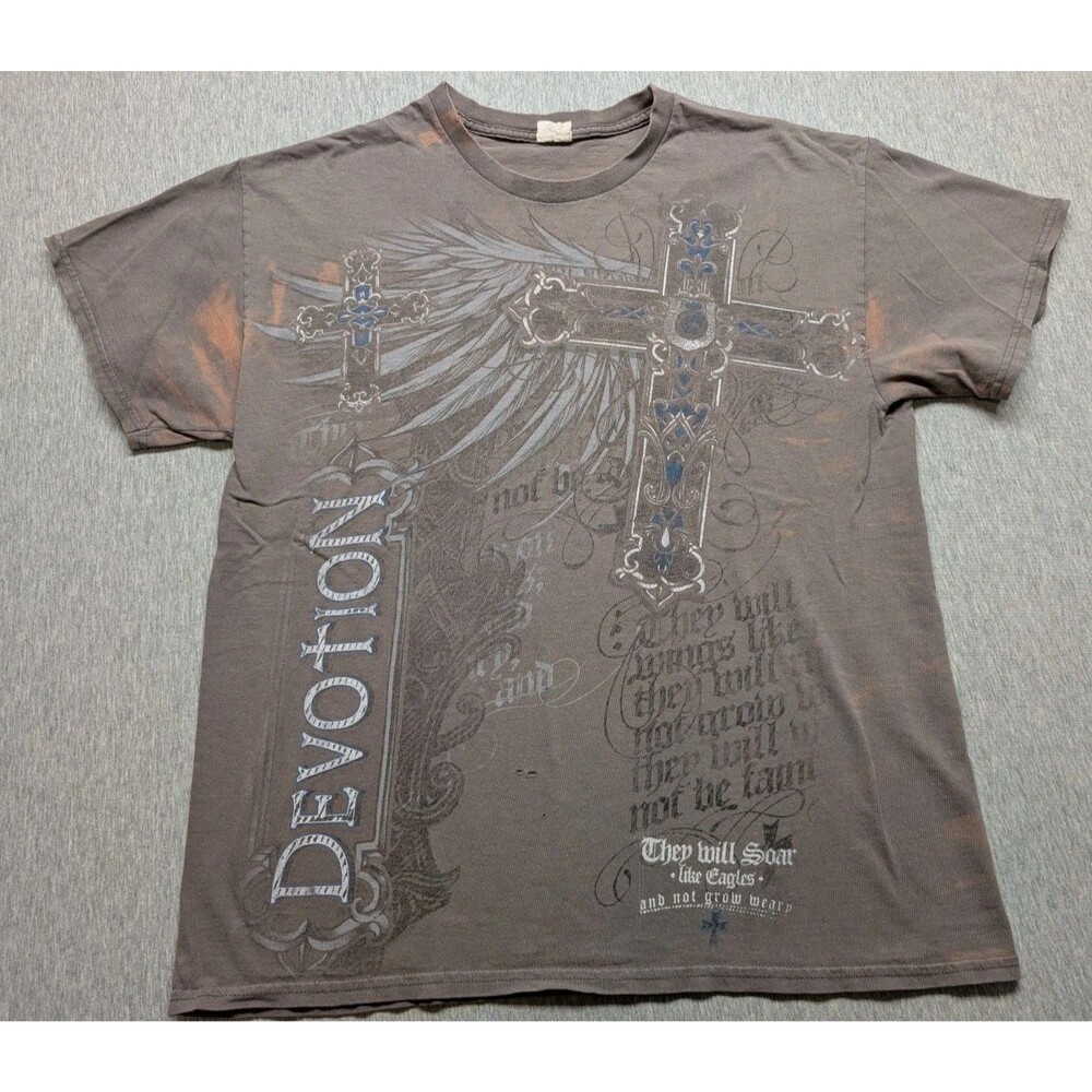 Vintage Y2K Devotion Grunge Christian All Over Print Shirt Size L Church Brown